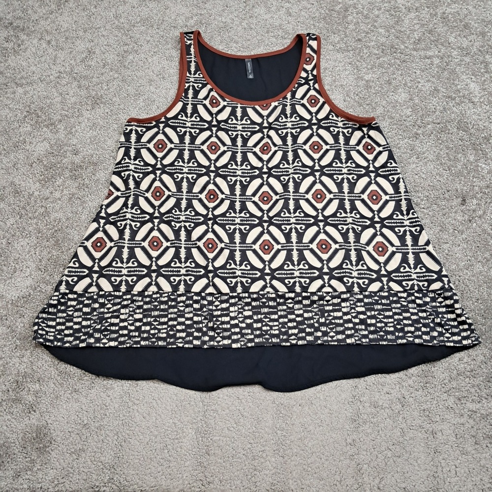 Massini Womens Large Black Brown Geometric Tribal Print Sleeveless Blouse Tank